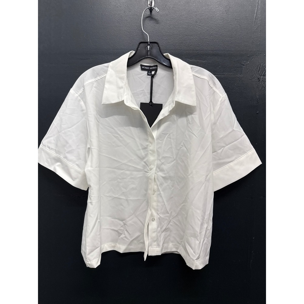 Modern Works Womens White Short Sleeve Button Down Shirt Large NWT